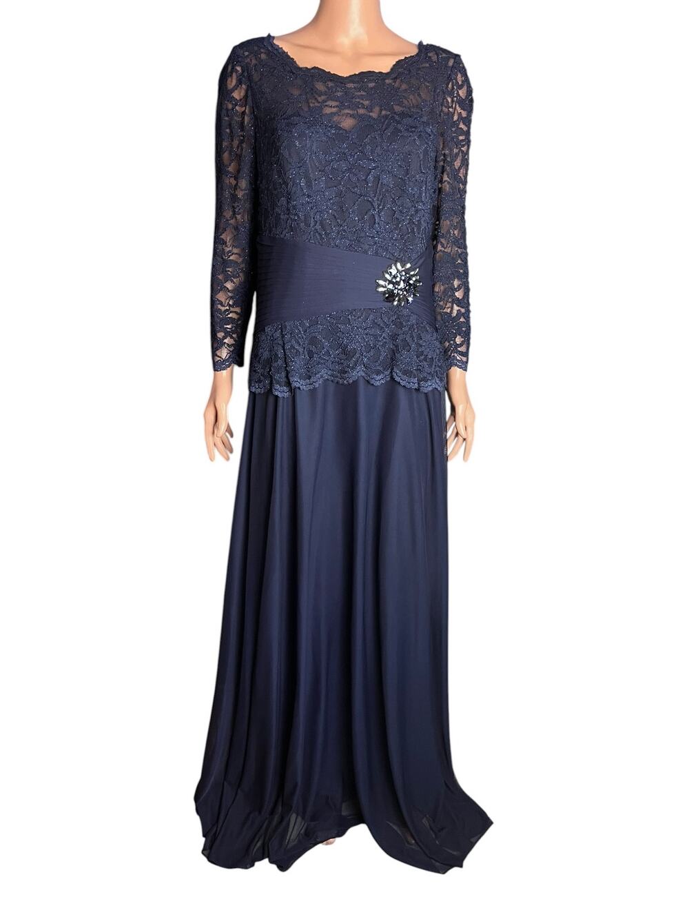 Cachet Maxi Dress 14 Navy Lace Jeweled Formal Evening Gown Mother of Bride NWT